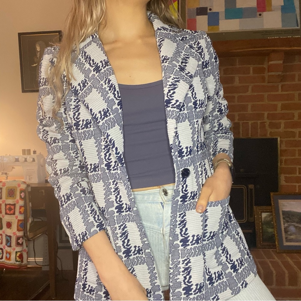 Vintage 1970s Abstract Plaid Single Button Pocket Blazer Stretch Navy Ov…